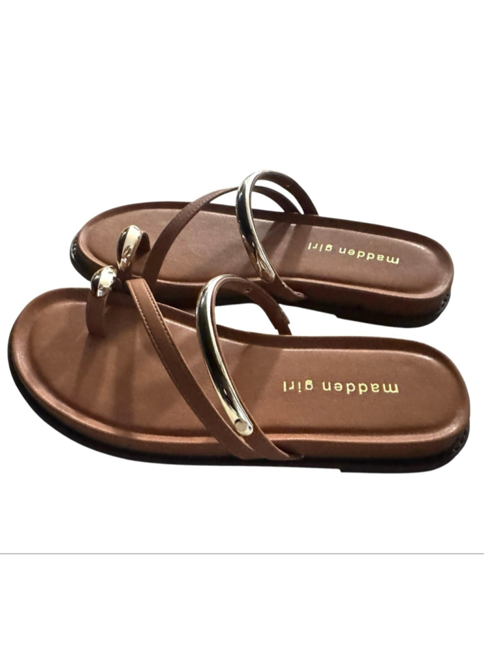New Madden Girl Brown & Gold Flat Sandals Size 7, toe ring, straps - Picture 2 of 9